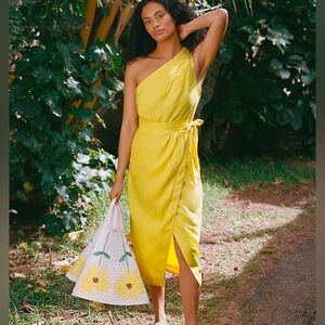 By Anthropologie Yellow One Shoulder linen dress Sleeveless faux wrap size 10